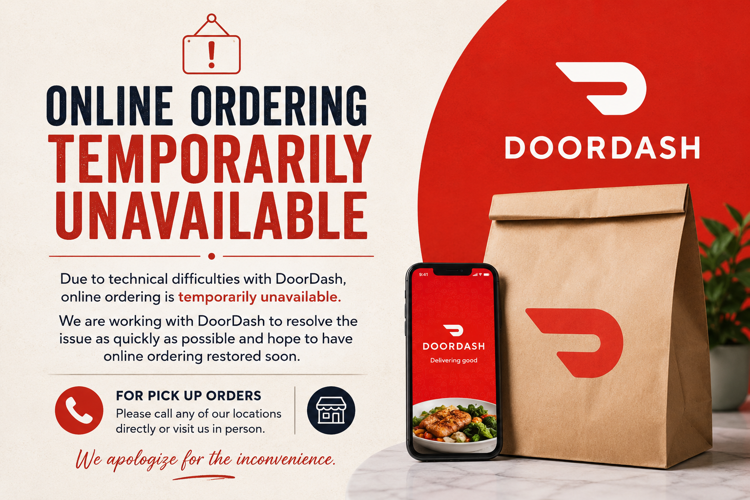 Announcement banner: Online ordering temporarily unavailable due to technical difficulties; DoorDash branding with bag and phone showing the app.