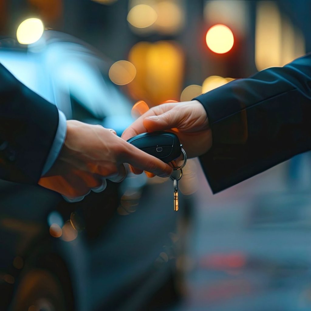 Two people exchange a car key fob, suggesting a car handover or purchase in a blurry urban night scene.