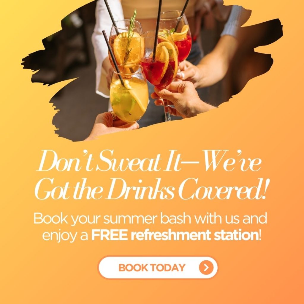 Friends raise colorful cocktails in a toast against an orange gradient; headline says "Don't Sweat It— We've Got the Drinks Covered!" with a prominent "BOOK TODAY" CTA button below.