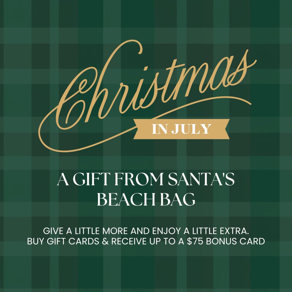 Green plaid poster with gold cursive 'Christmas' and beige ribbon reading 'IN JULY', plus white text 'A GIFT FROM SANTA'S BEACH BAG' at the bottom.
