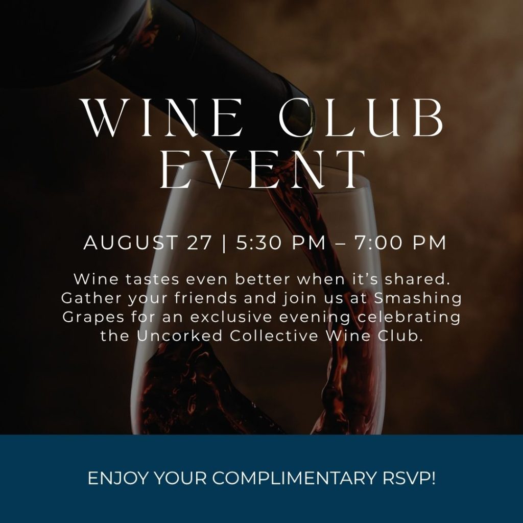 Poster for a Wine Club Event showing wine being poured into a glass; includes date, time, venue, and RSVP message.